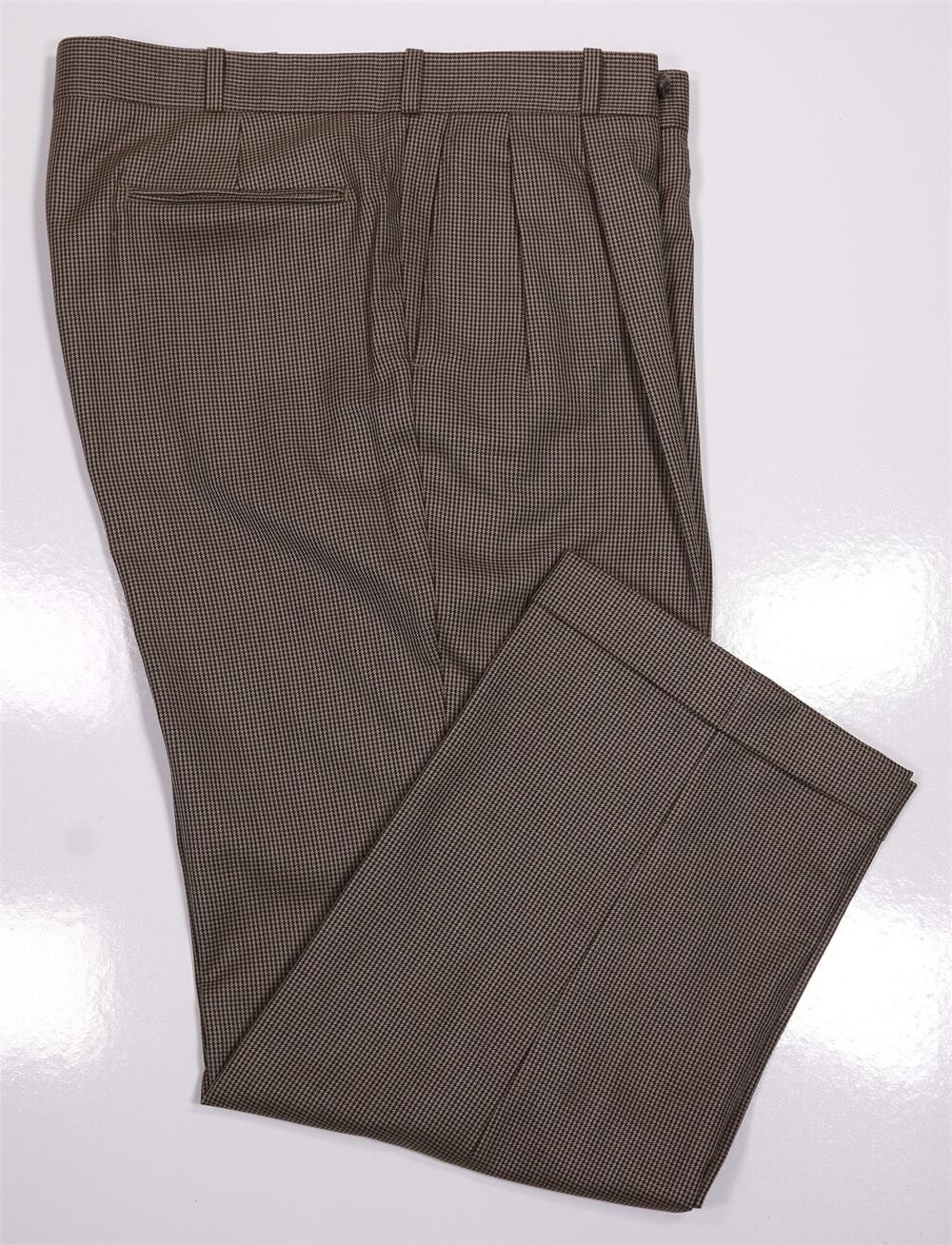 Adrian Jules Custom Tailored Brown Houndstooth Wool Pleated Dress Pants 36x30
